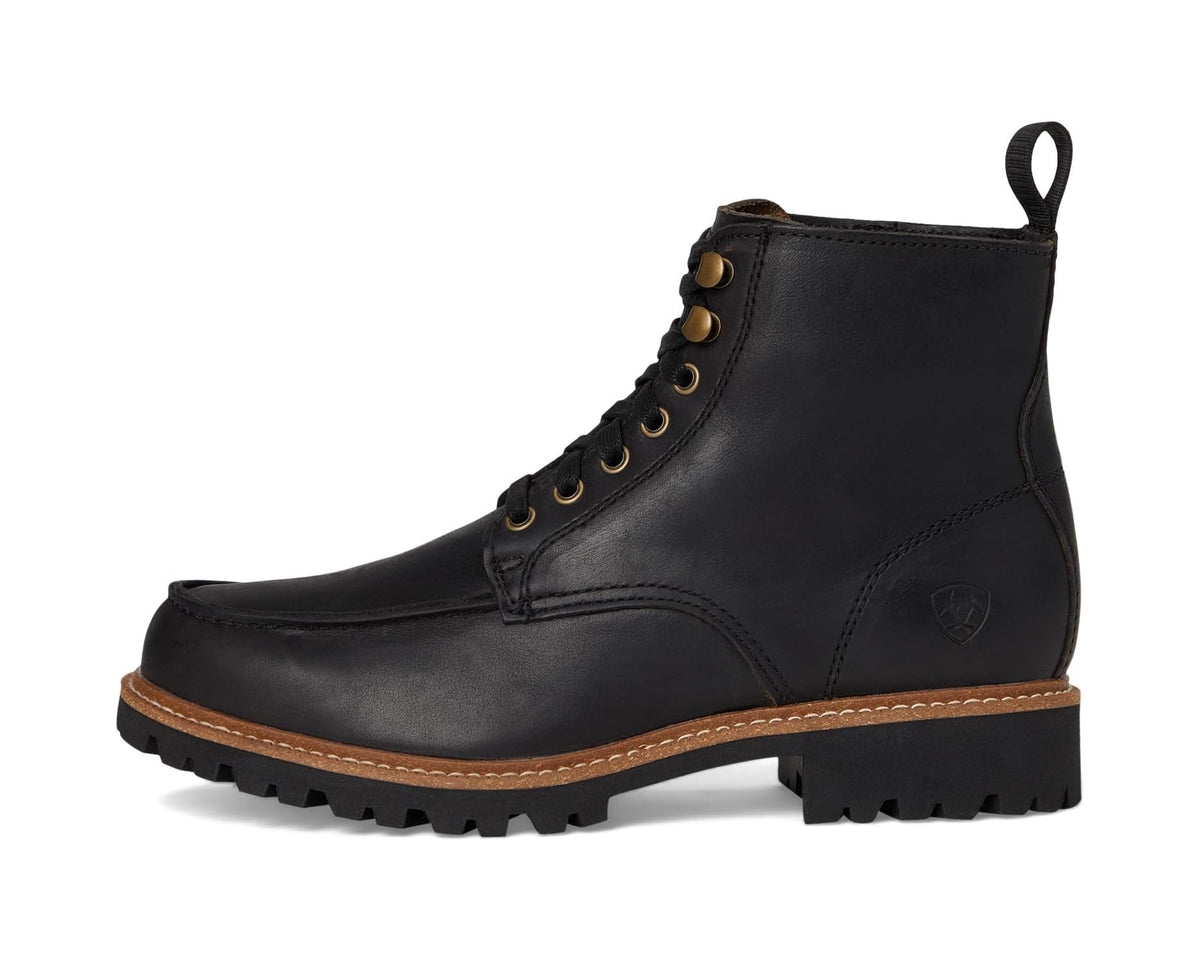 Black leather pull-on lace-up western ankle boot with brown welt and lug sole