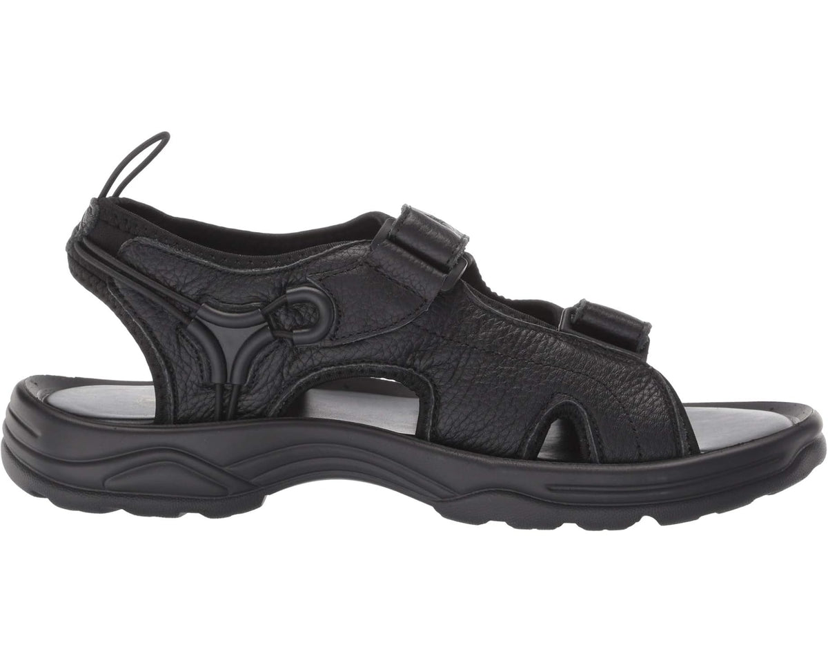 Men's black leather sport sandal side view with adjustable straps and thick sole