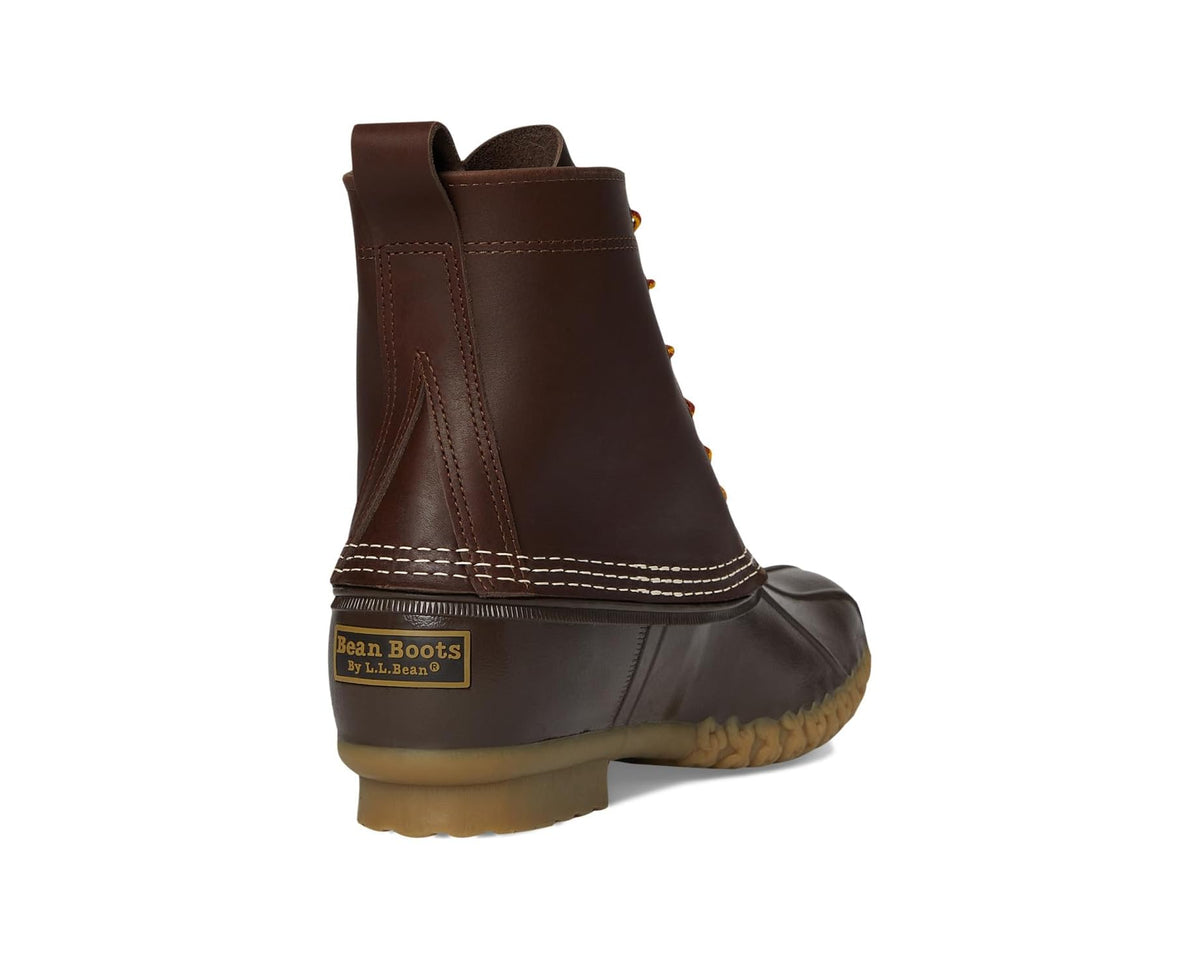Brown Bean boot heel view with tan outsole and yellow 'Bean Boots' label patch.