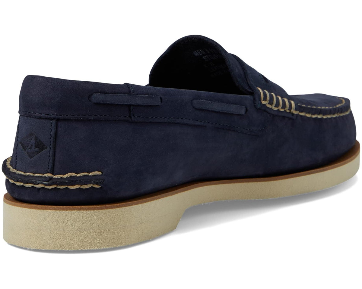 Sperry navy suede penny loafer heel view with rawhide laces and tan sole
