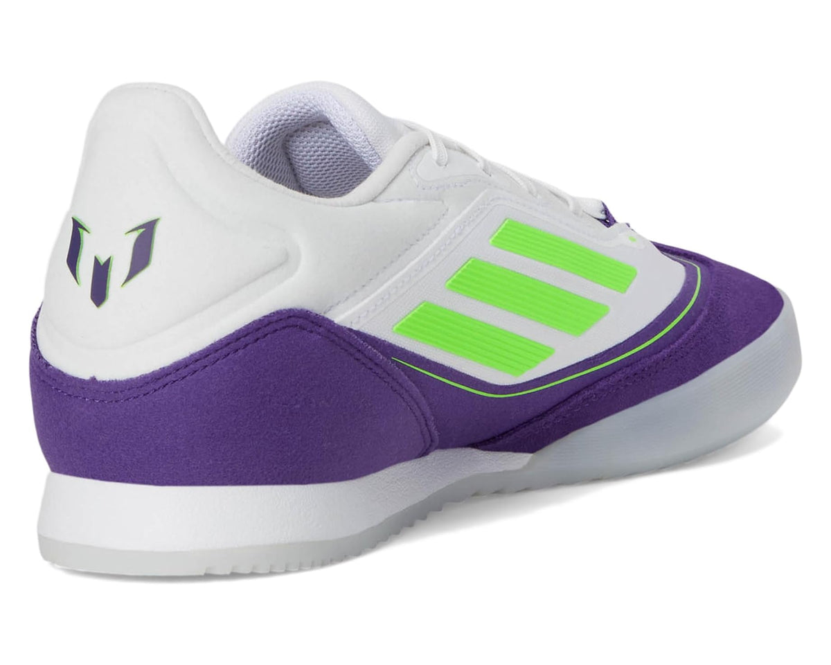 Rear view of white indoor soccer cleats with purple heel and neon green stripe