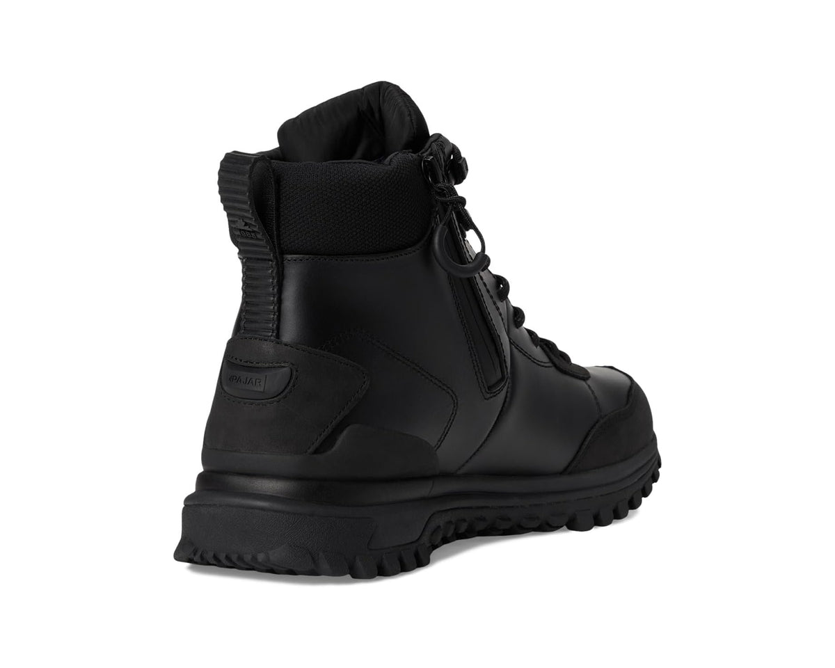 Men's black lace-up boots from heel side with padded collar and grippy tread
