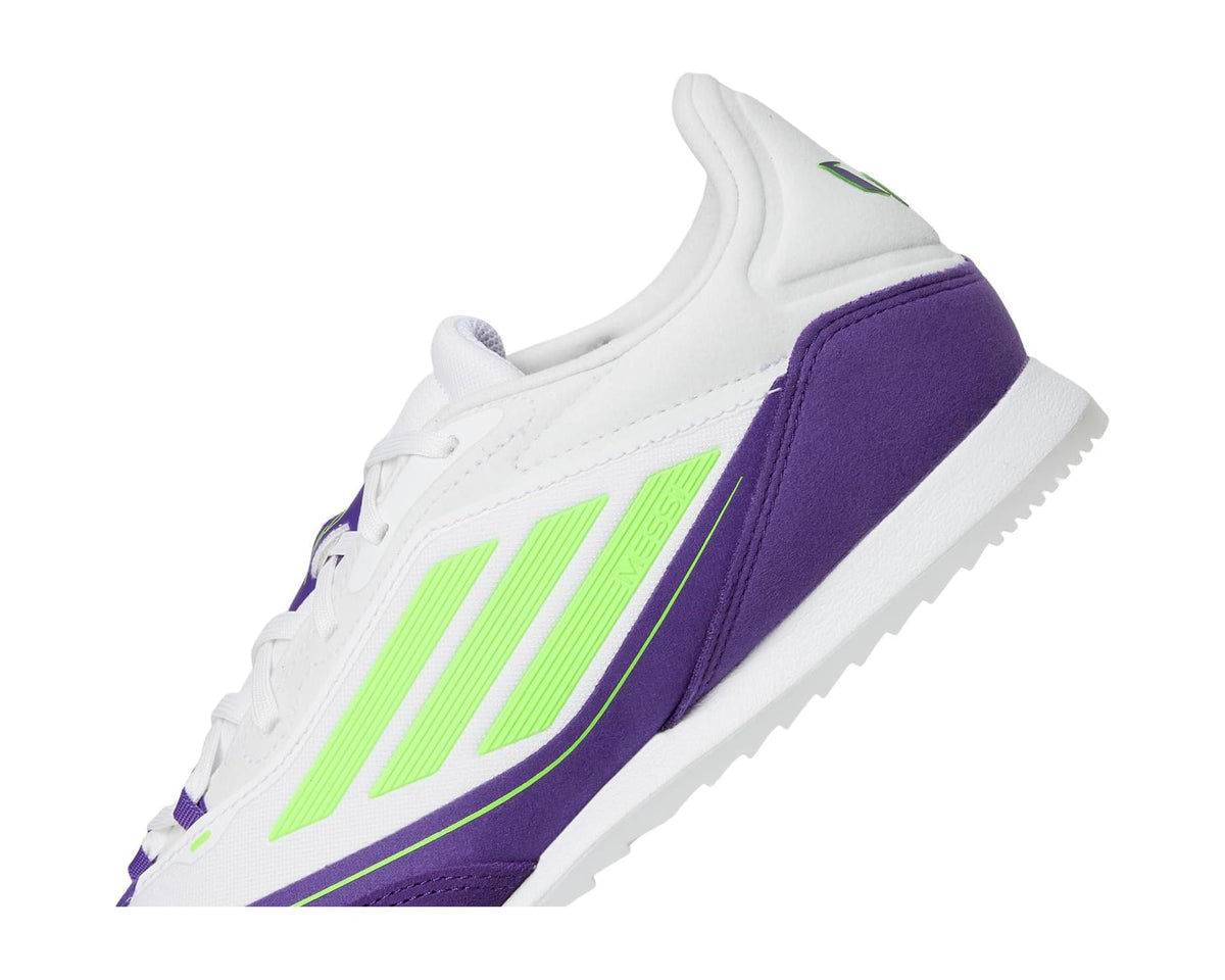 Side view of white indoor soccer cleat with purple panel and neon green stripes