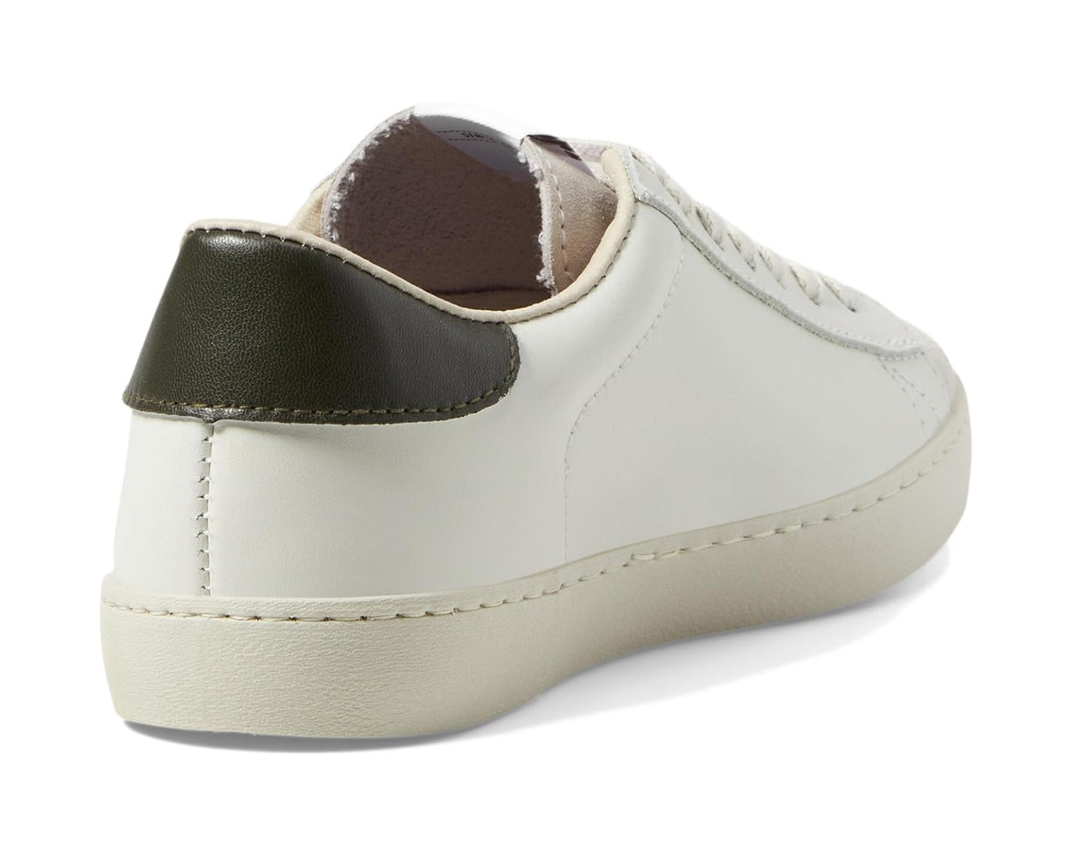 Unisex leather low-top sneakers, heel view with dark green collar and beige outsole