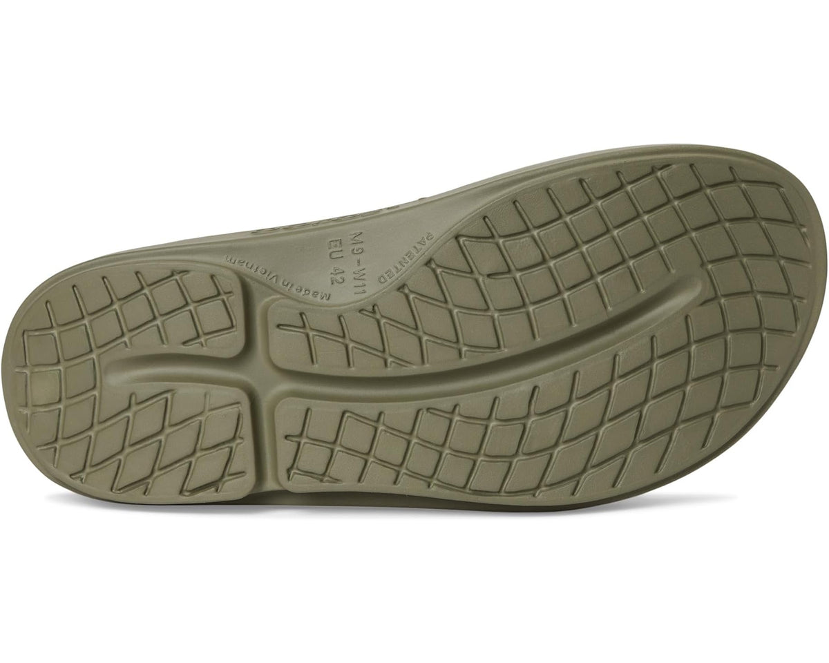 OOFOS foliage olive slide sandal outsole with deep tread and impact pads