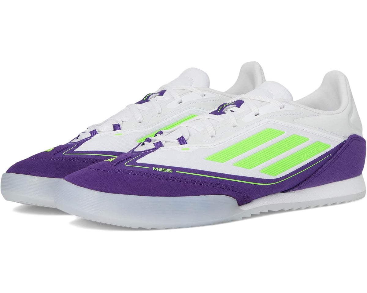 Unisex indoor soccer cleats, white with neon green stripes and purple accents