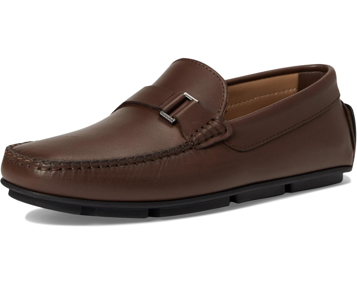 Brown leather slip-on loafer with buckle strap and moc stitching