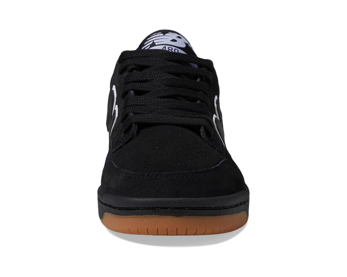 Black New Balance 480 sneaker front view with lace-up and perforated toe