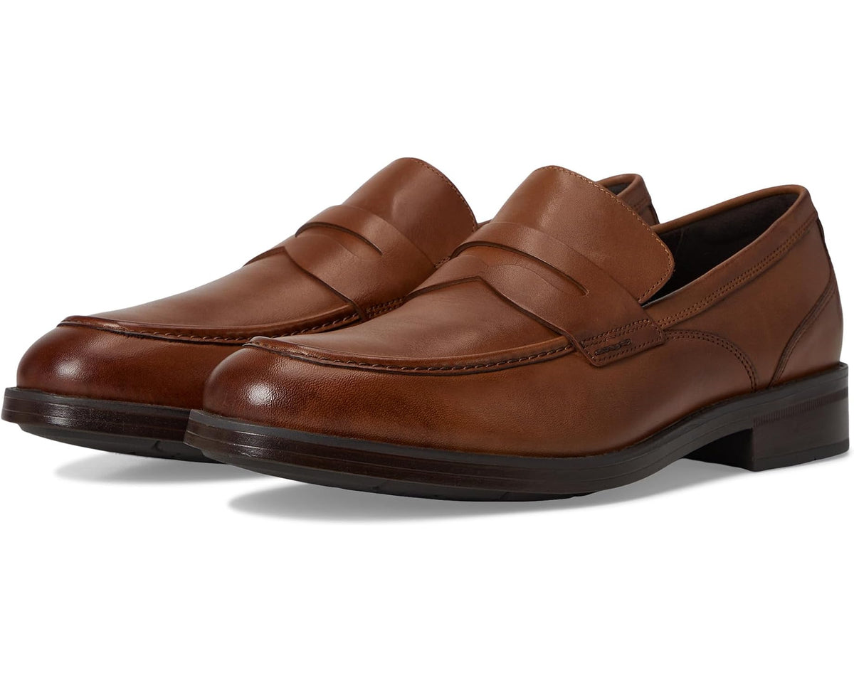 Men's brown leather penny loafers with slip-on strap and low block heel