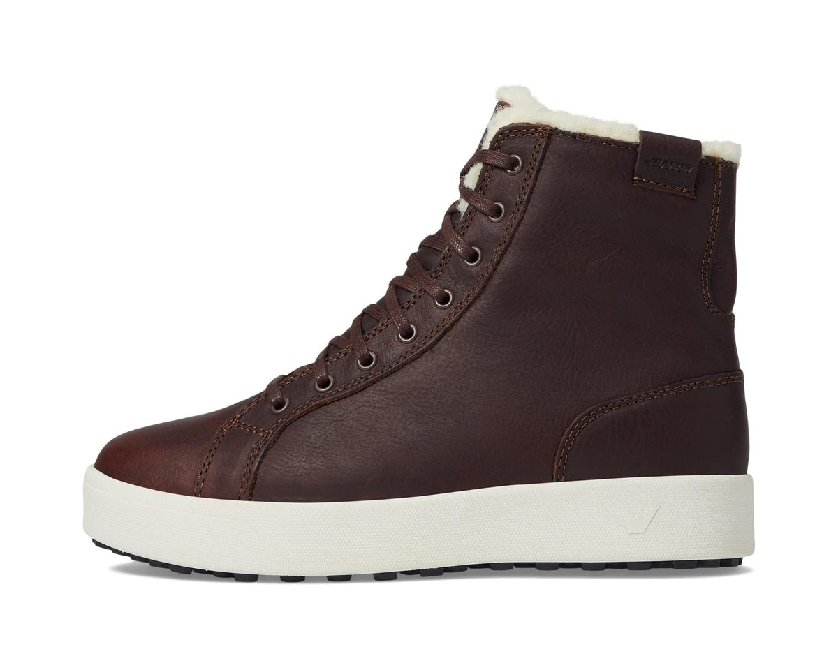 Brown side profile lace-up boots with fur lining and cushioned white sole