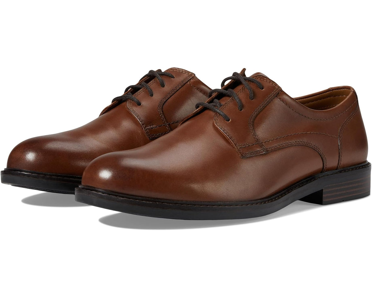 Men's tan full-grain lace-up dress shoes with plain toe and dark rubber sole