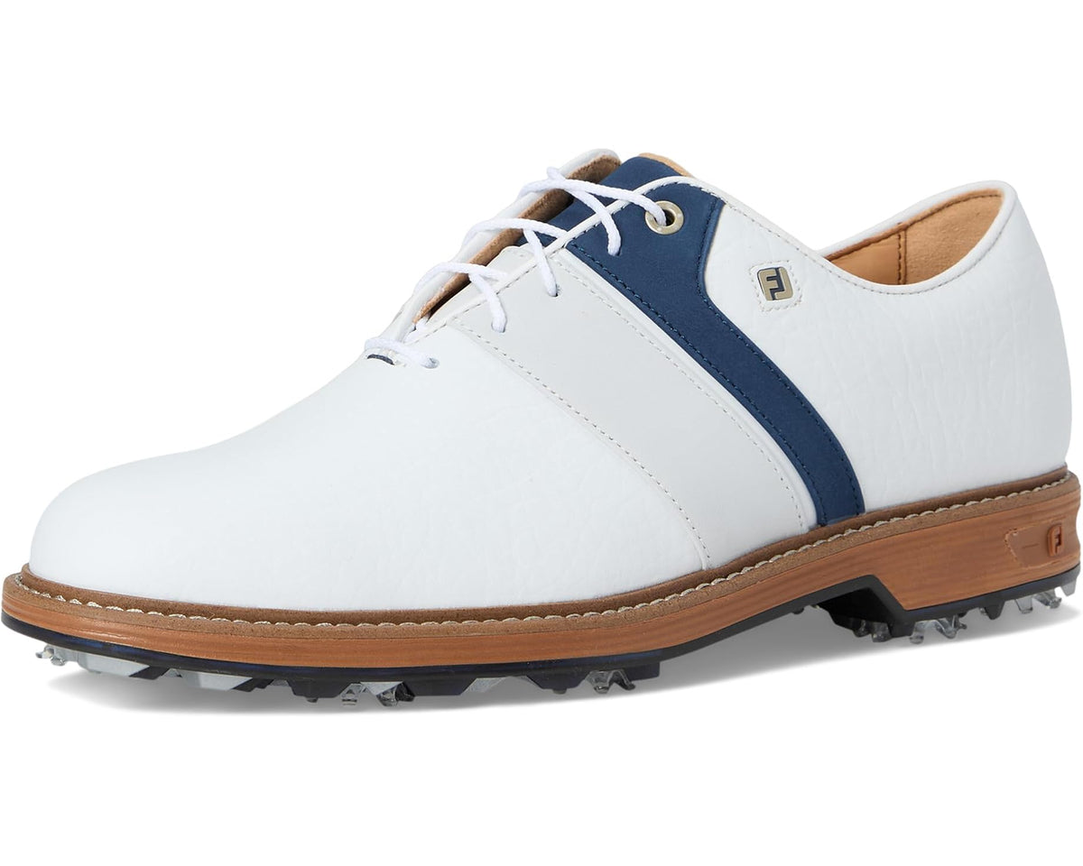 Men's FootJoy lace-up golf shoe, white with navy stripe and brown spiked outsole.