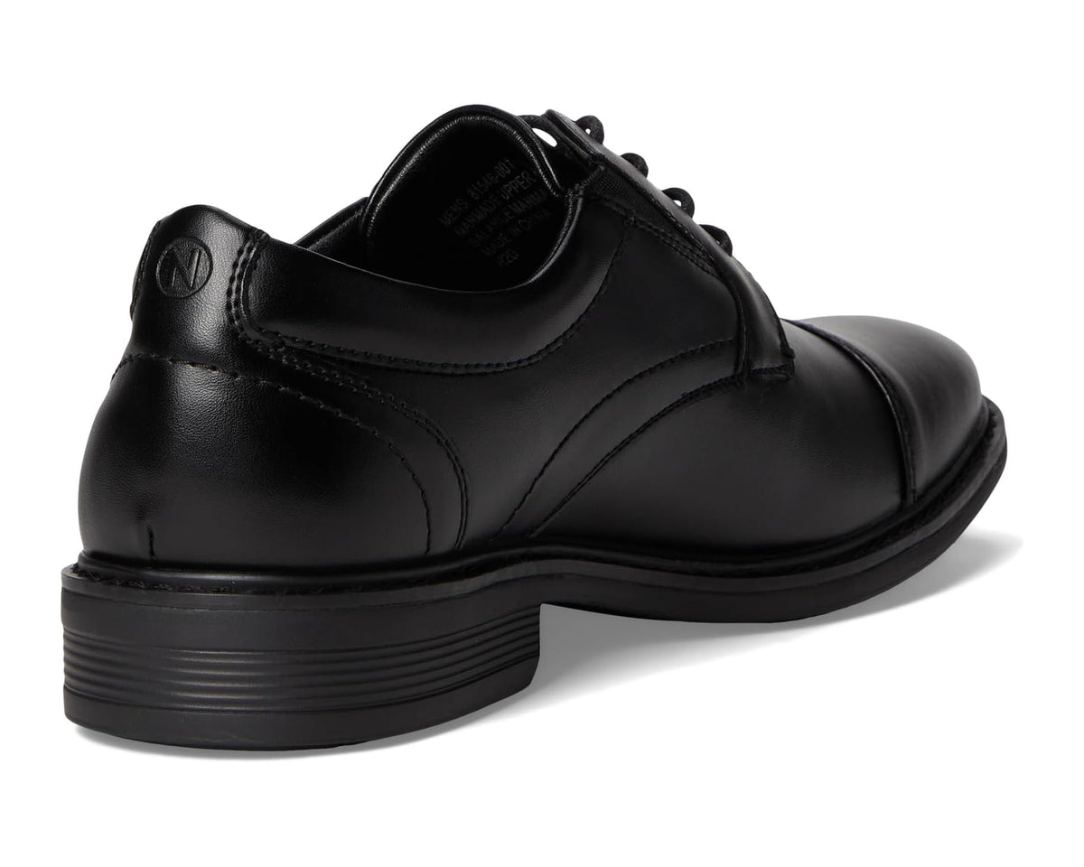 Men's black oxford dress shoe heel view with lace-up vamp and cushioned collar