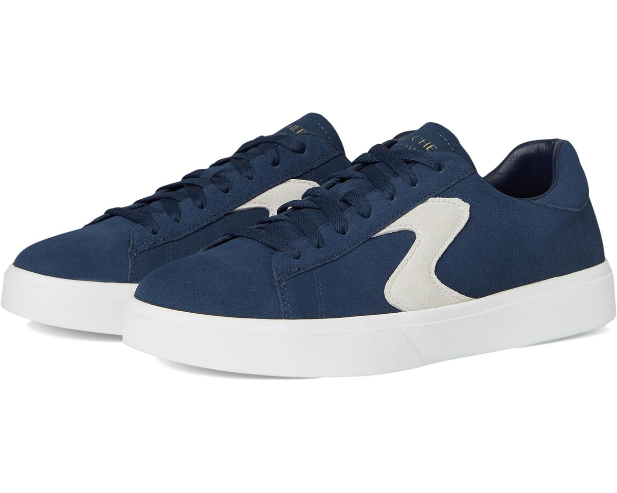 Men's navy suede low-top lace-up sneakers with off-white side stripe and white sole