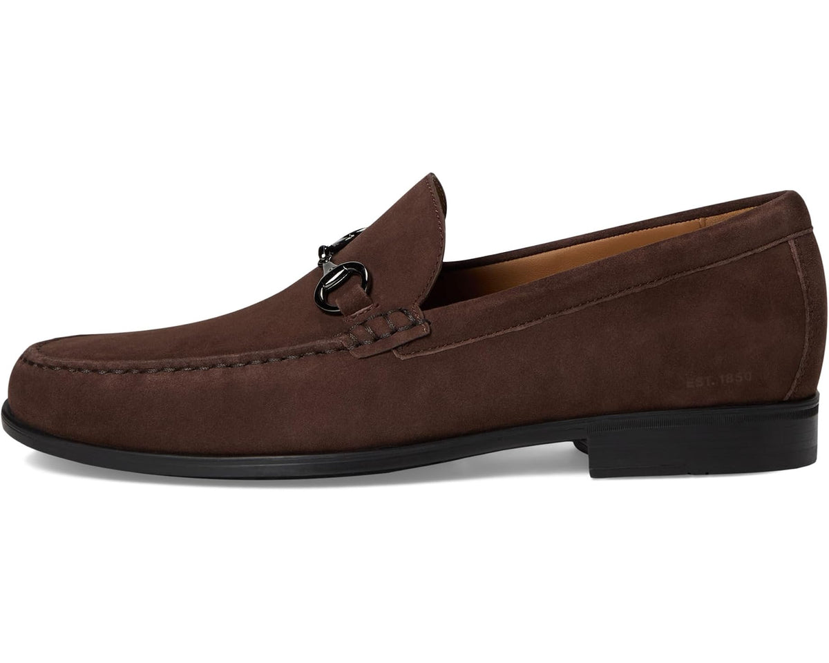 Dark brown suede loafer with metal bit and stitched apron