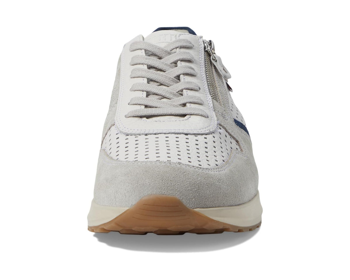 Men's lace-up sneaker from back view, stone gray suede with navy trim and tan sole