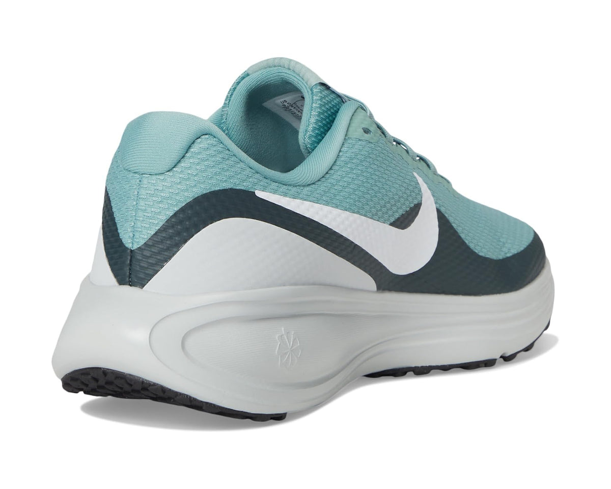 Men's running shoe, rear view with teal collar, white midsole, black-and-white heel detail