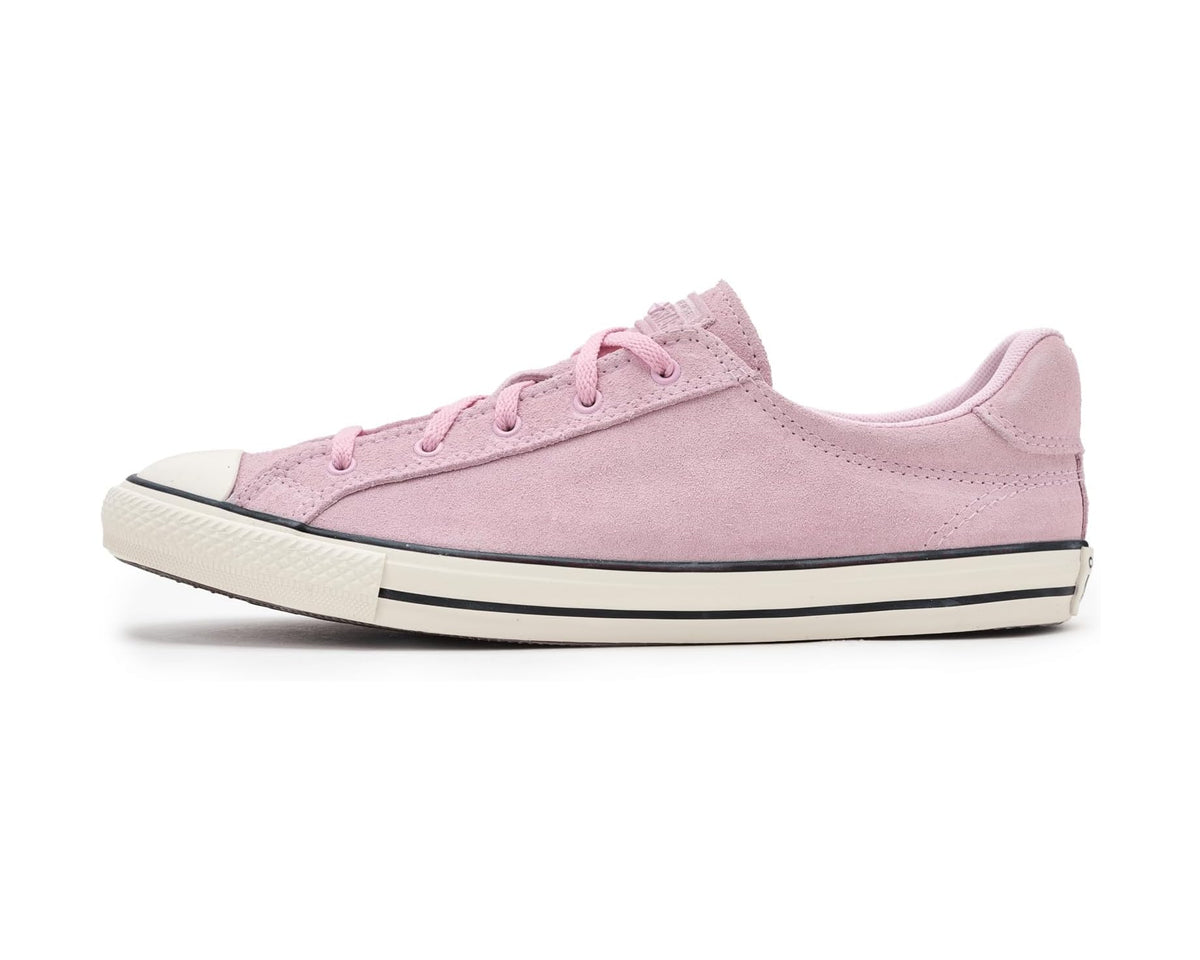Pink suede low-top sneaker with lace-up front and black stripe along midsole