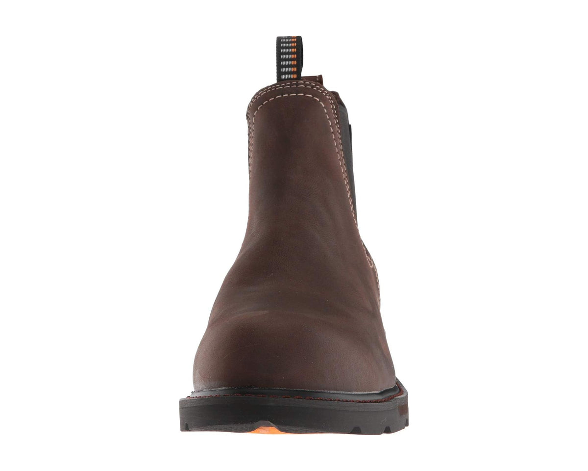 Ariat dark brown Chelsea boot back view with black outsole and pull loop