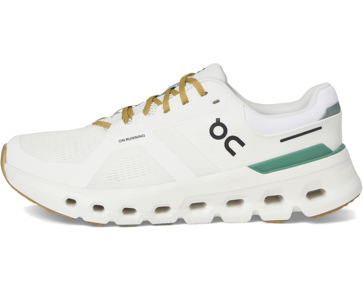 Men's white lace-up running shoe with green stripe, on logo, and cloud-style sole