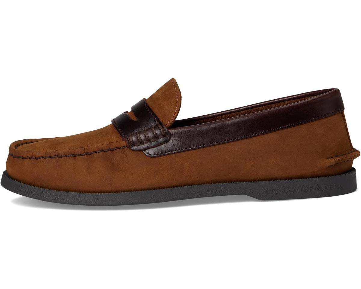 Men's brown suede slip-on loafer with black penny keeper strap and moc seams