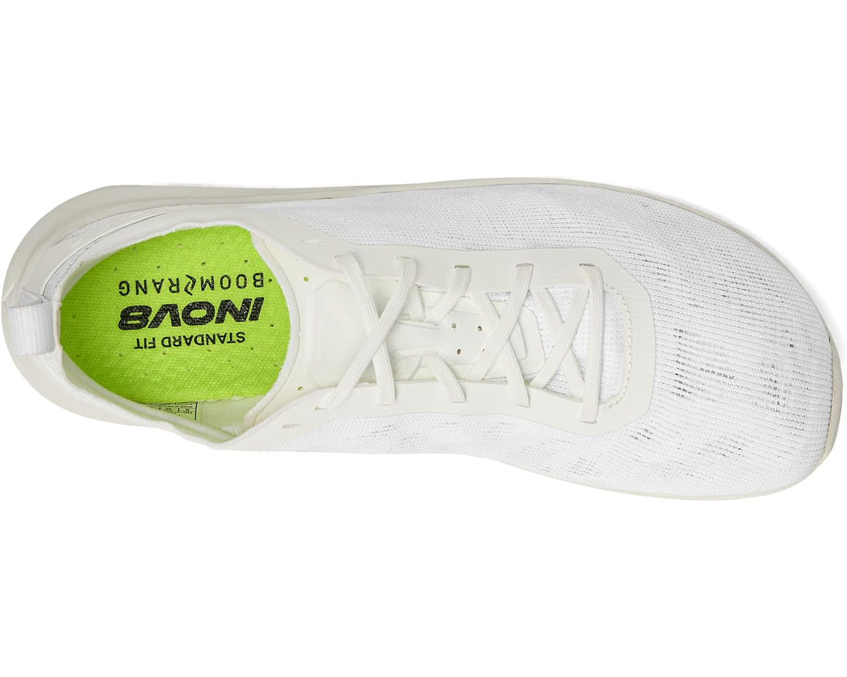 White lace-up running shoe with lime-green sockliner and INOV8 logo on heel