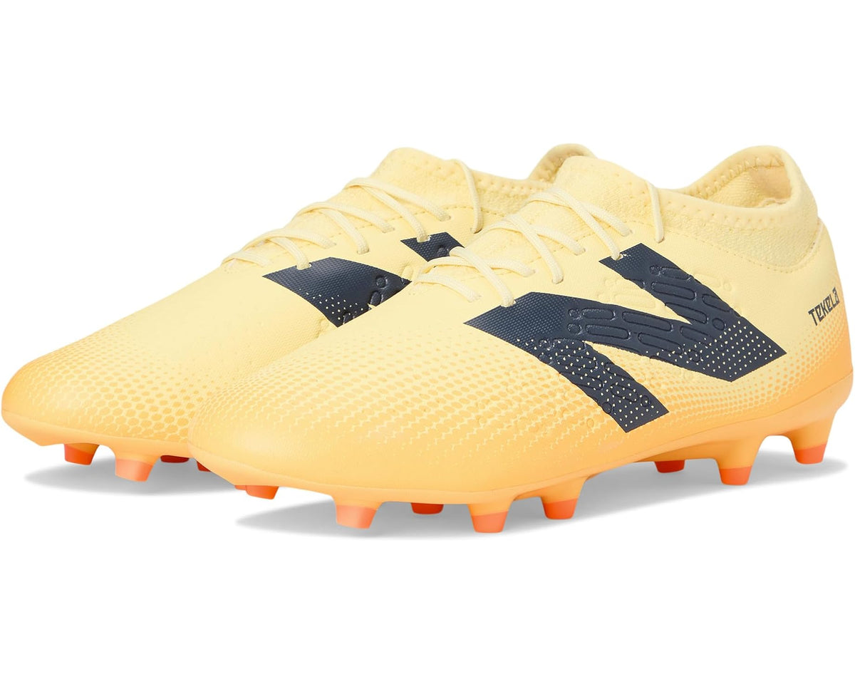 Unisex soccer cleats in light yellow with navy stripes and orange FG studs