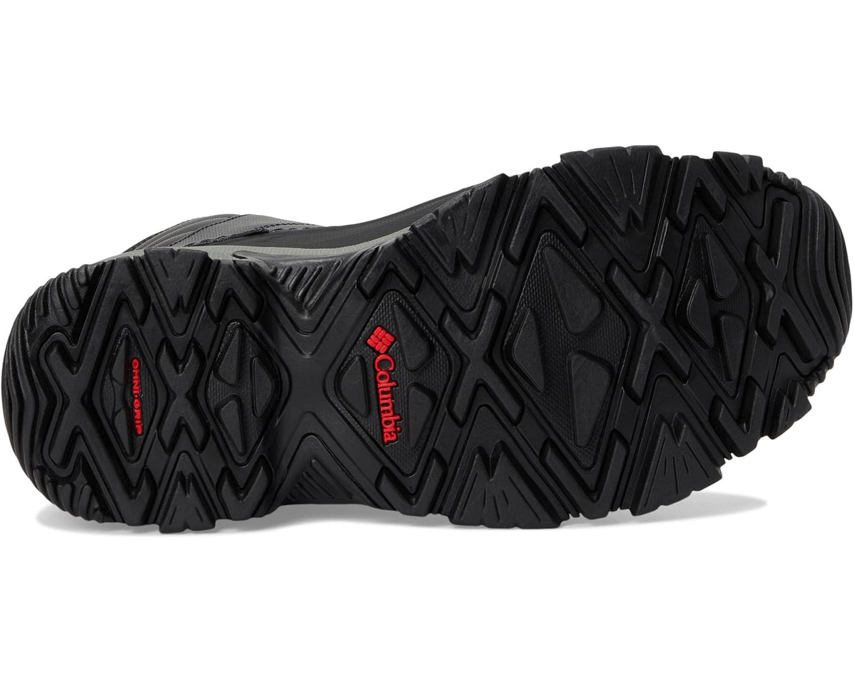 Black rubber traction outsole with zigzag tread and Columbia logo patch.