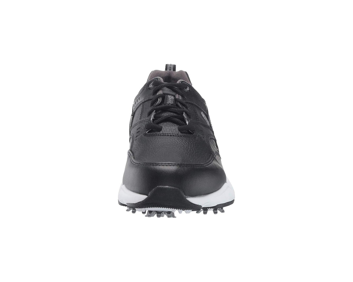 Black lace-up golf sneaker front view with textured leather upper and spiked sole