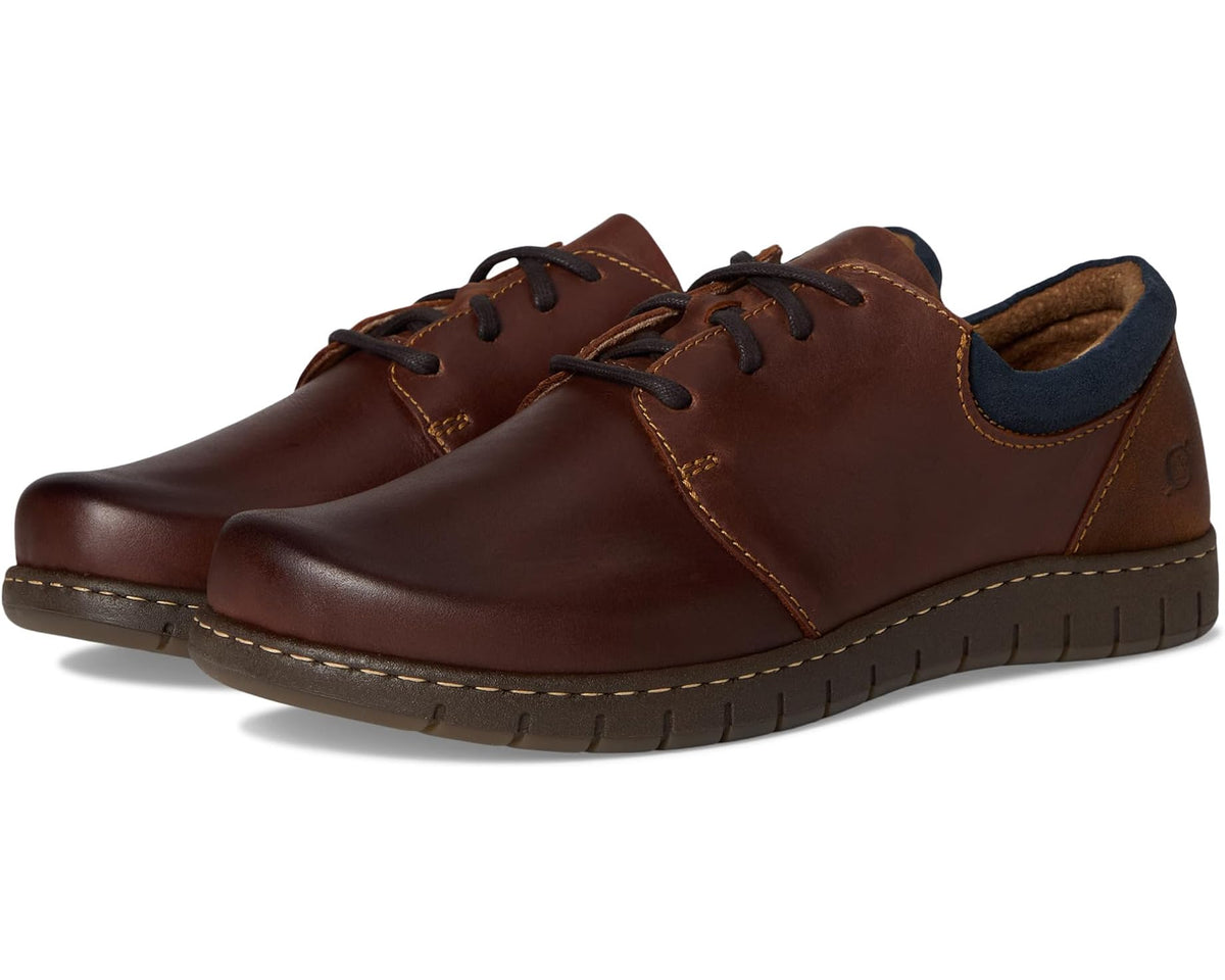 Born men's lace-up casual shoes, dark brown leather with blue collar, rubber sole