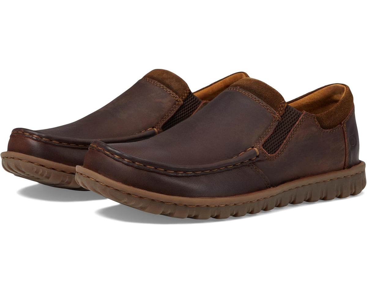 Men's Born full-grain leather slip-on loafer in dark brown with stitched moc trim