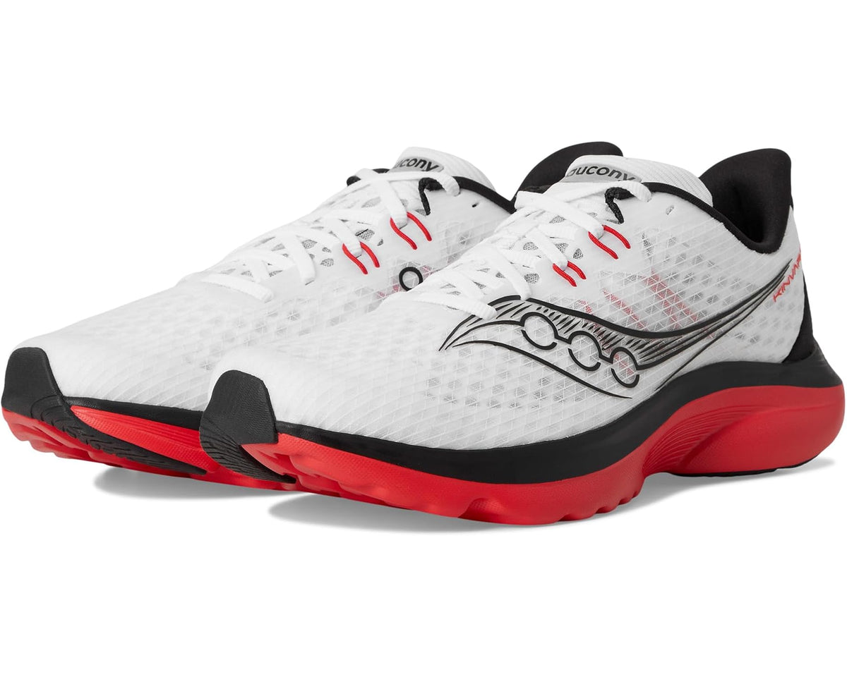 Men's white and red running shoe with black heel and red outsole