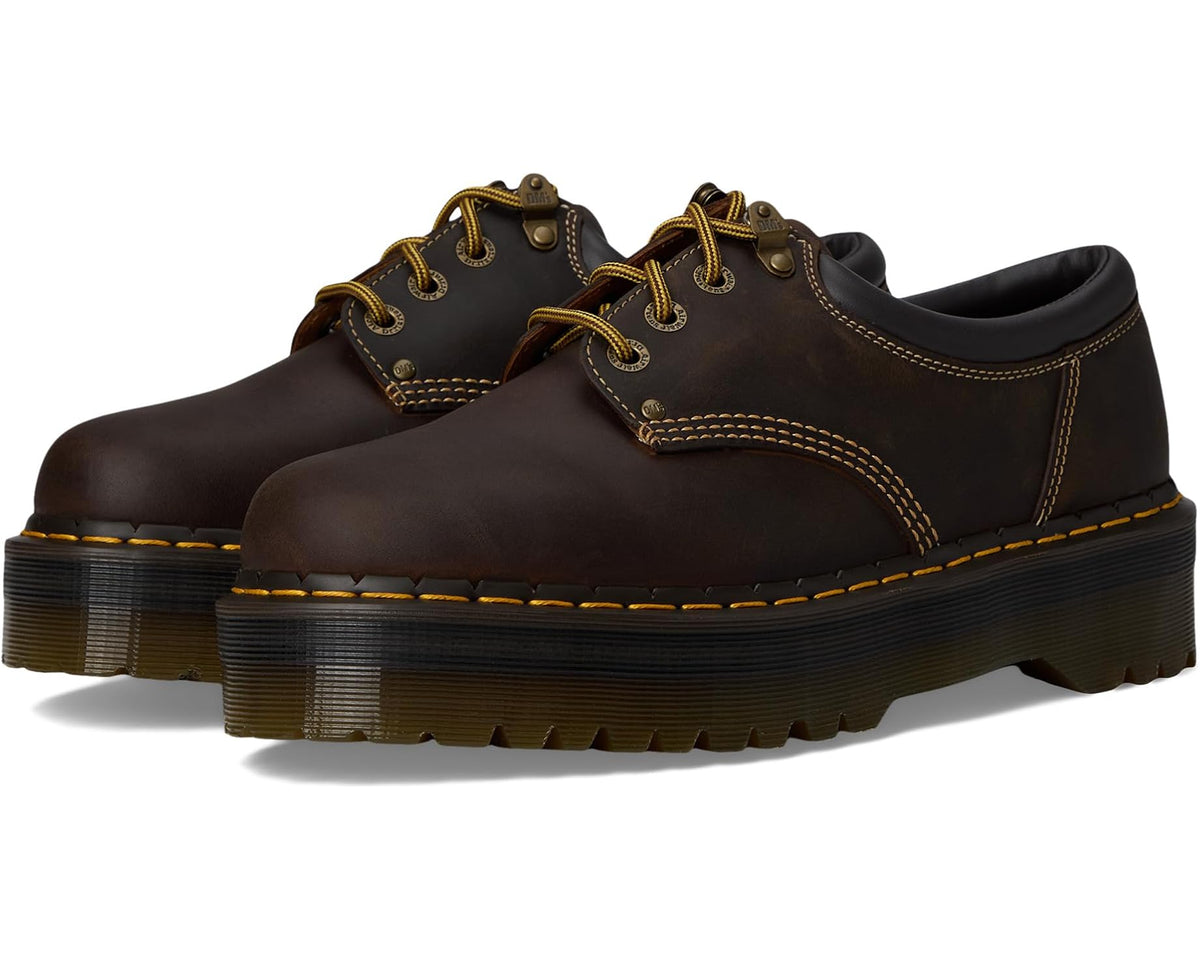 Unisex dark brown leather lace-up shoe with yellow stitch and chunky platform sole