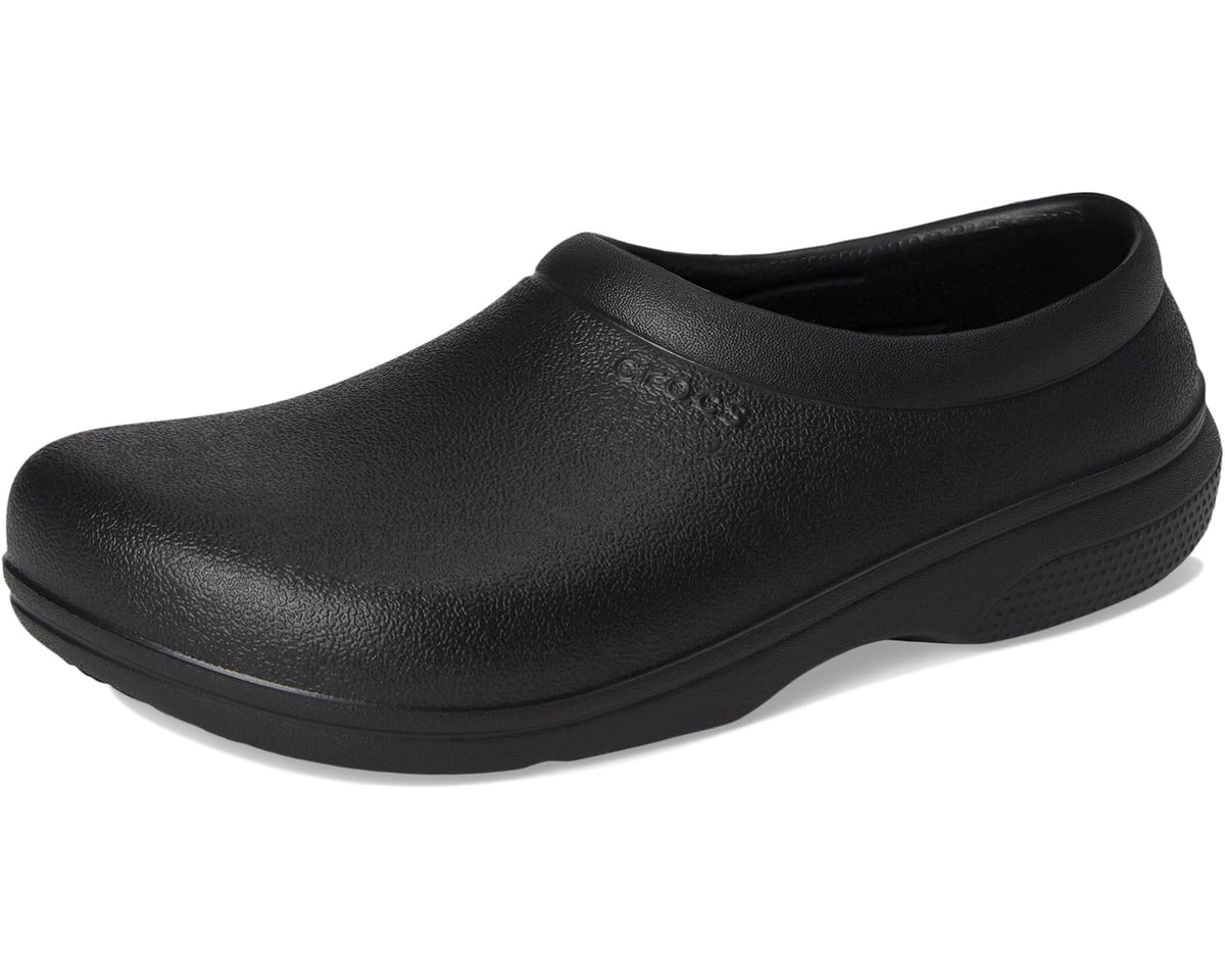 Black slip-on clog shoes with smooth toe and Crocs logo on upper