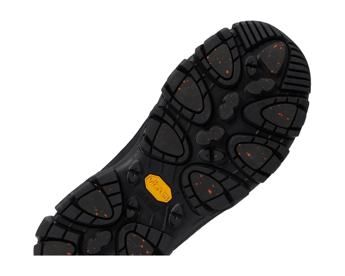Black boot bottom sole with deep rubber tread and orange/yellow accents