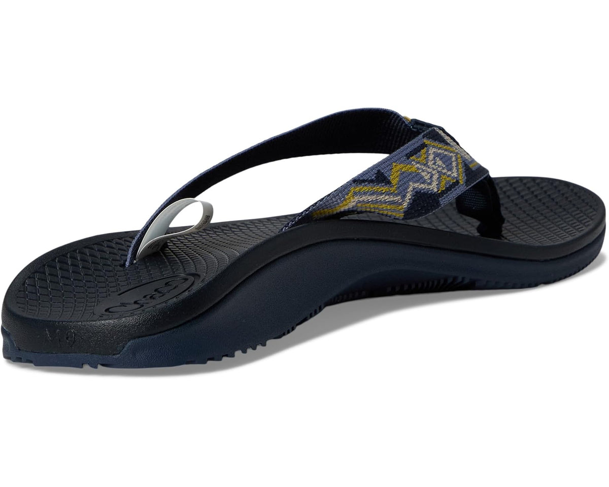 Men's navy flip-flop sandals angled side view with patterned thong strap