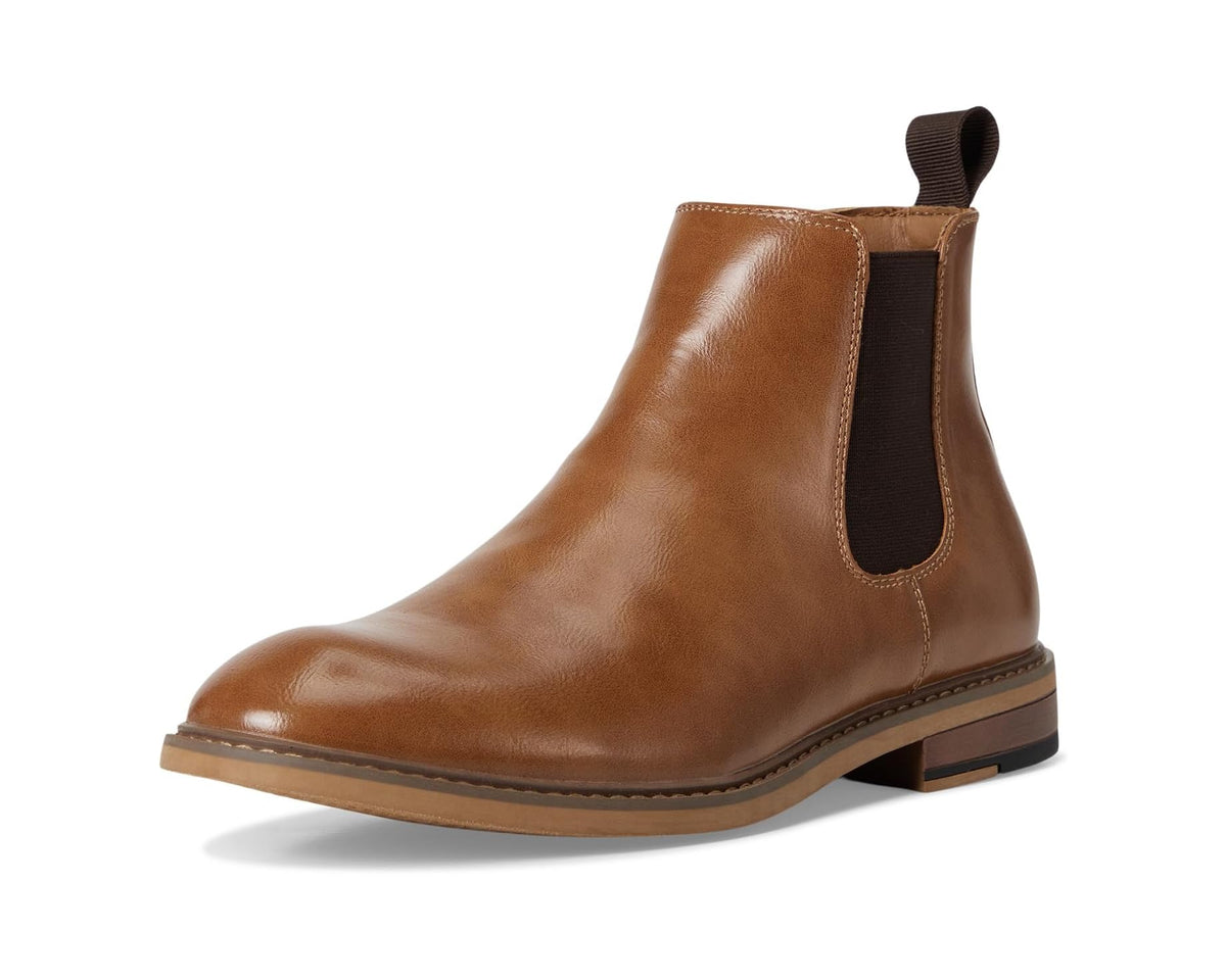 Tan leather Chelsea boot with elastic side panel, pull tab, and stitched sole
