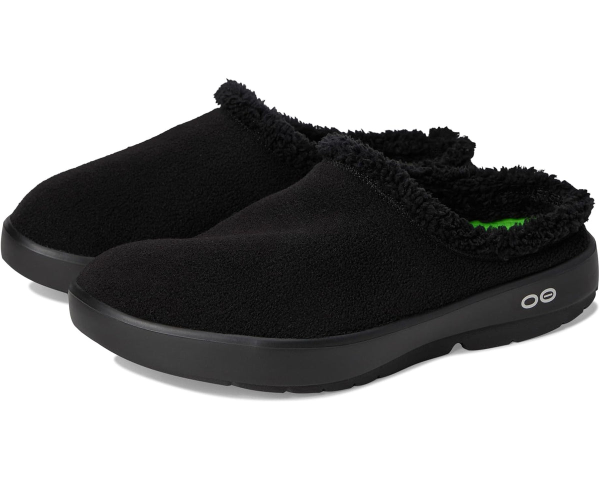 Black men's slip-on mule with fuzzy lining and grippy molded rubber sole