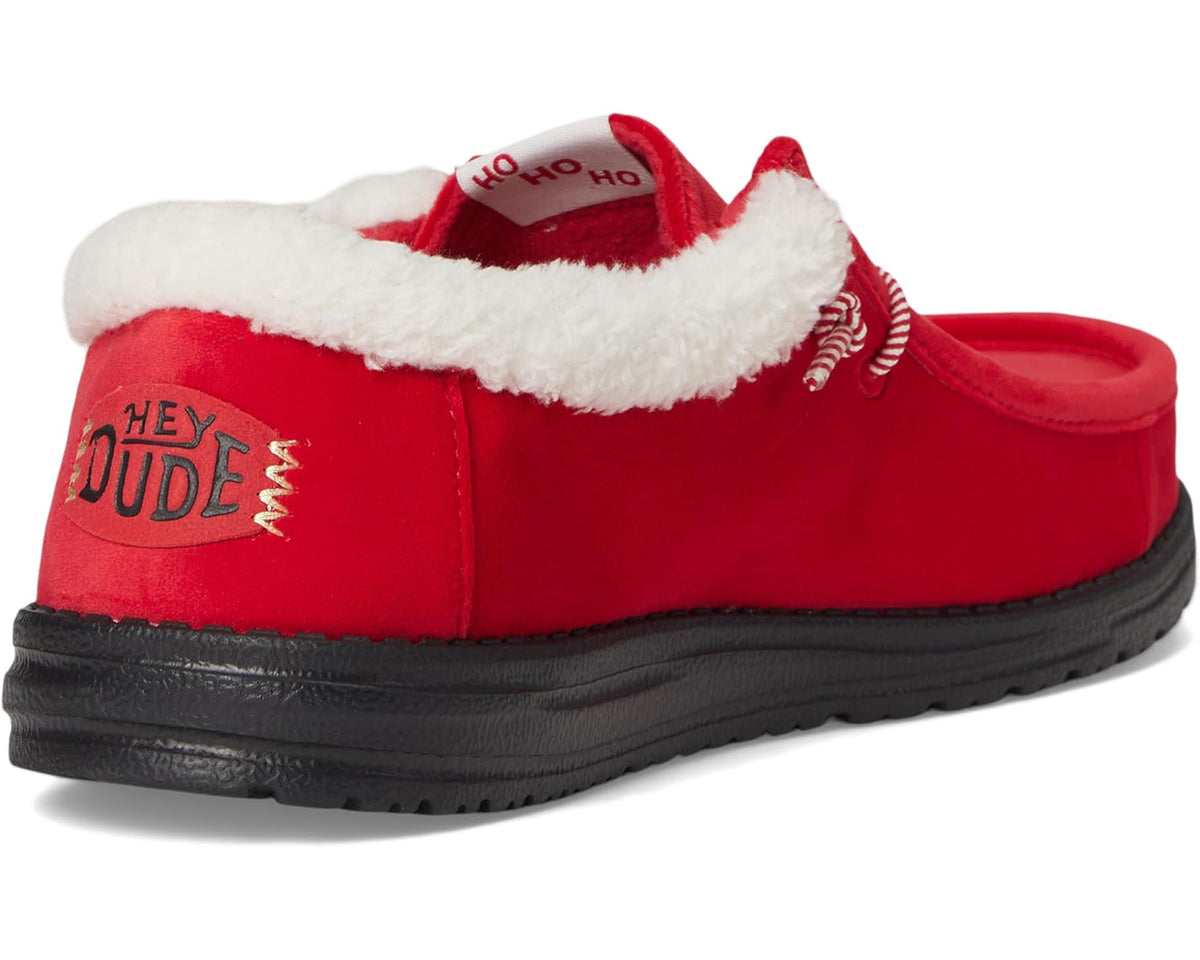 Men's red Hey Dude slip-on shoe with 'HEY DUDE' heel patch and white faux-fur collar