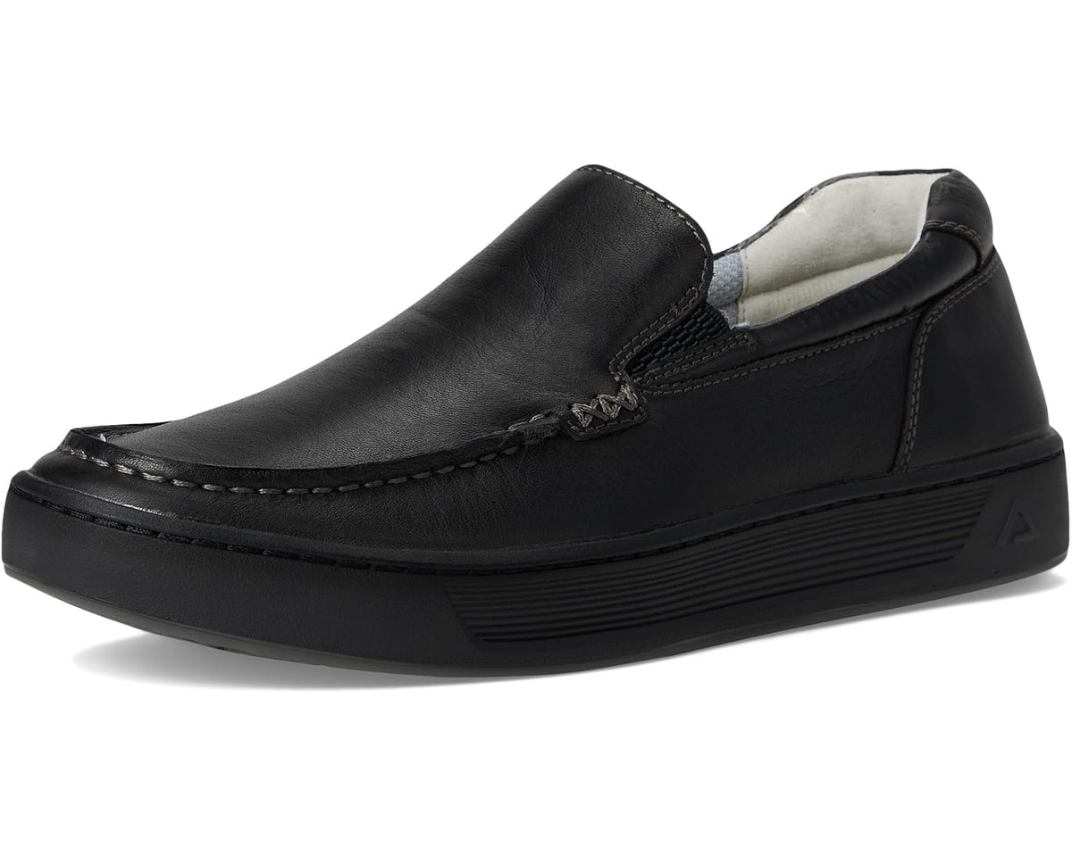 Black slip-on loafer front 3/4 view with moc toe stitching