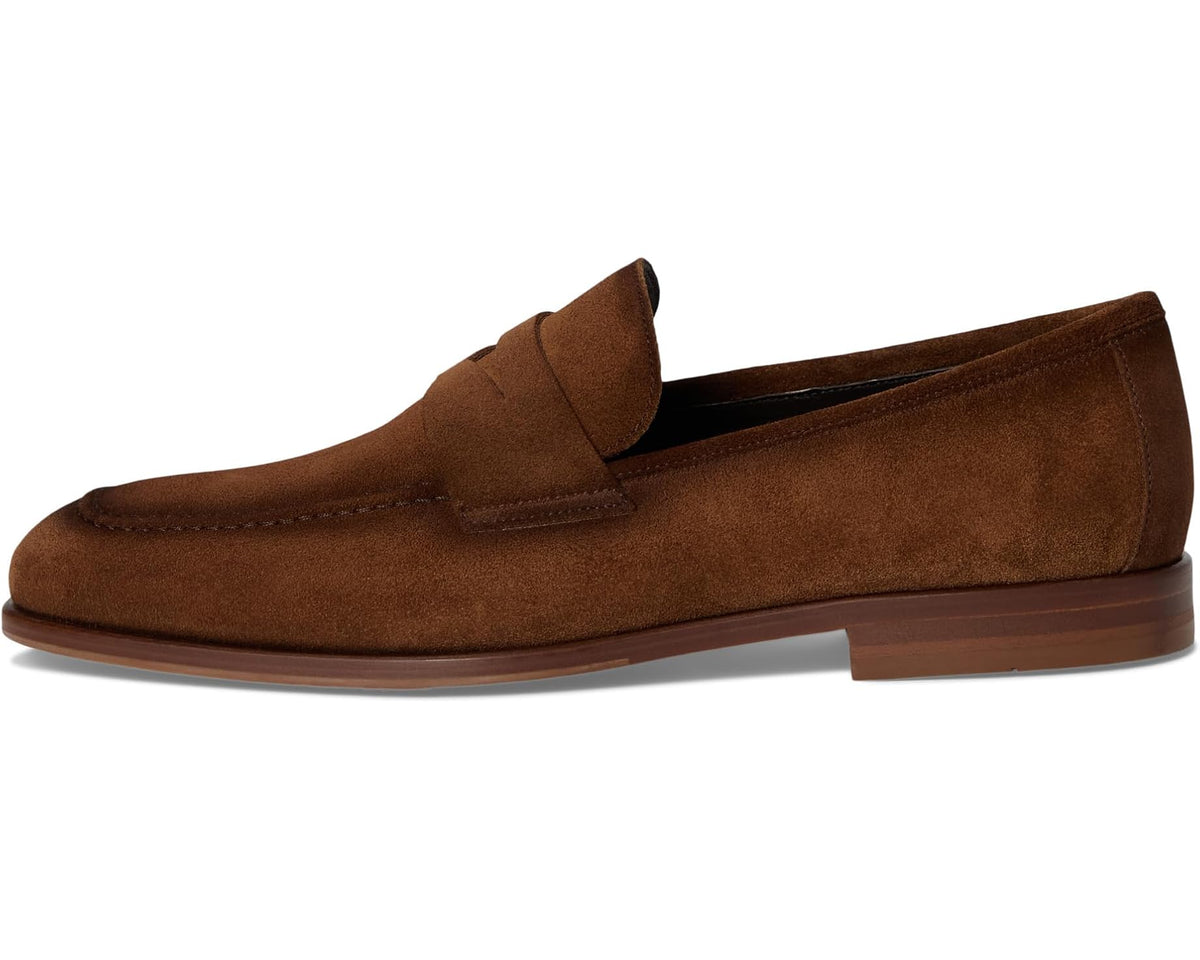 Chocolate suede loafer with wrapped strap detail and low block heel