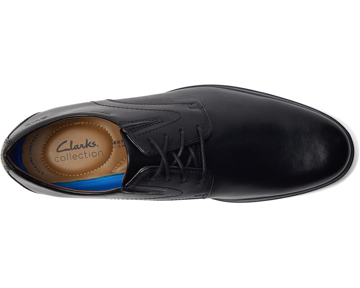 Men's Clarks black leather lace-up oxford, side view with interior logo badge visible