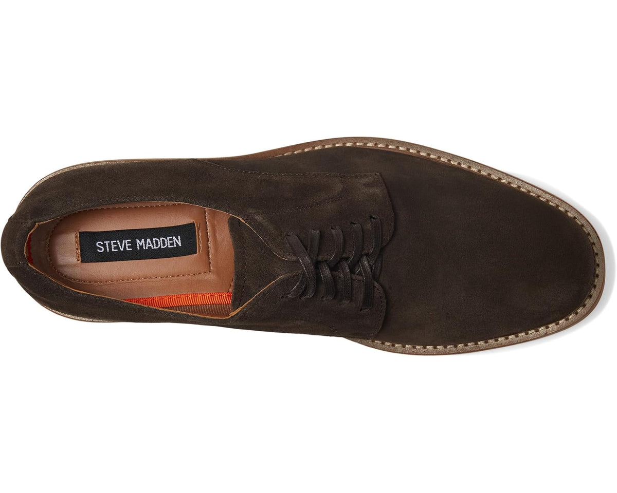 Brown suede lace-up oxford with 'STEVE MADDEN' logo label at the heel.