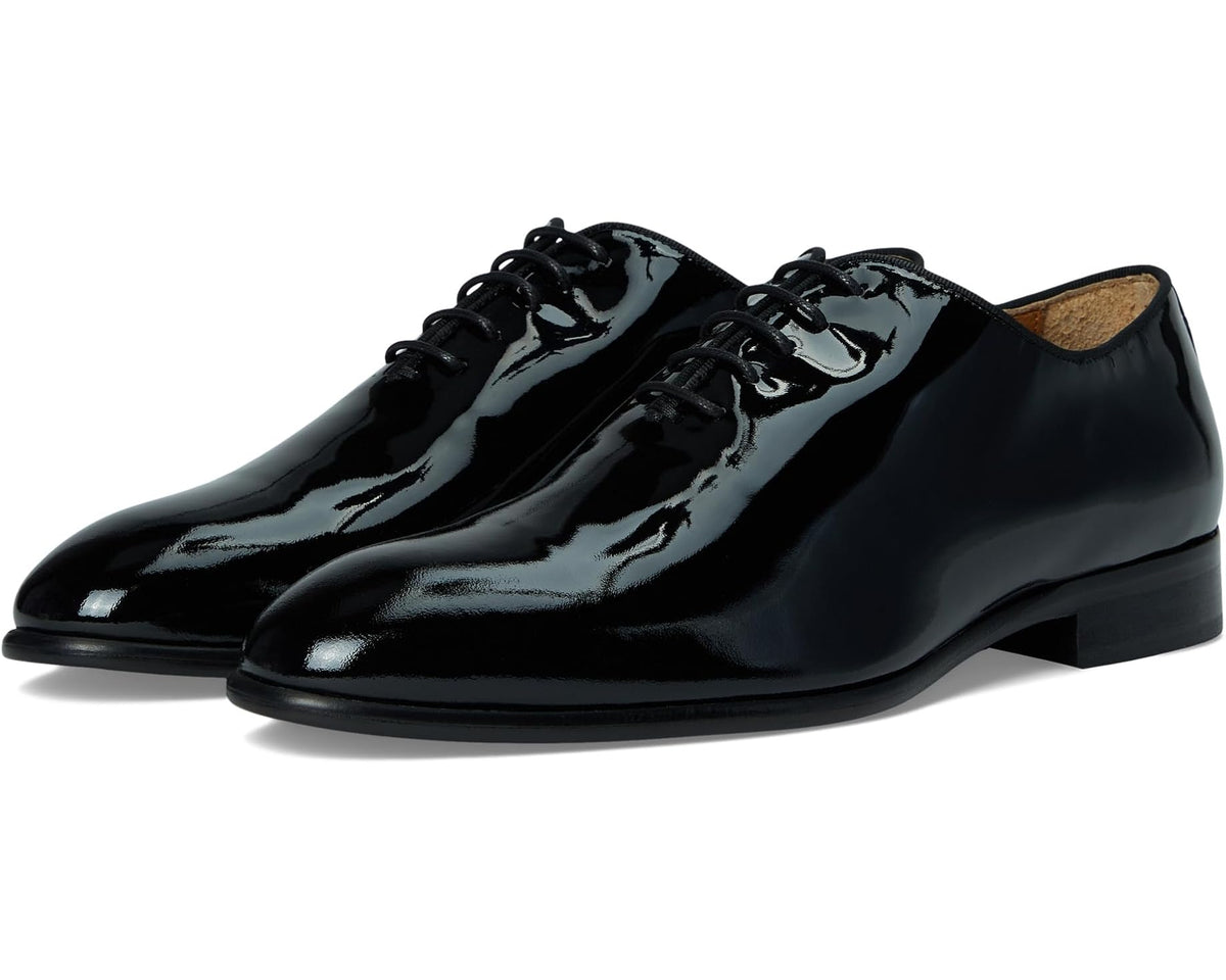 Black patent leather lace-up dress shoes with low heel and rounded toe