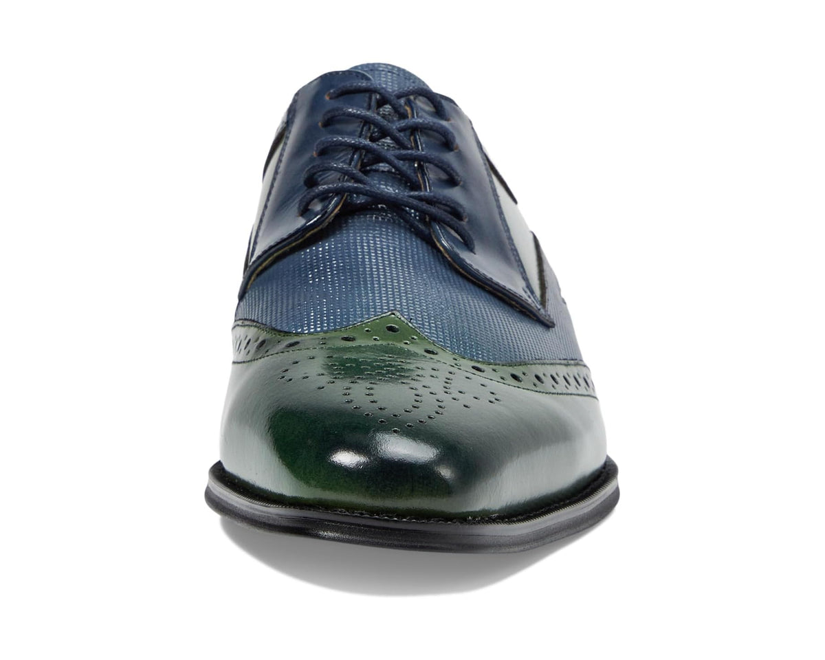Men's front lace-up dress shoe in navy with green toe cap and glossy finish