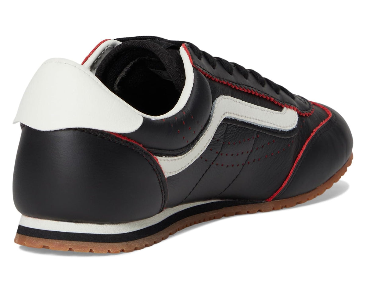 Vans unisex black and red low-top sneakers with white heel panel and lace trim