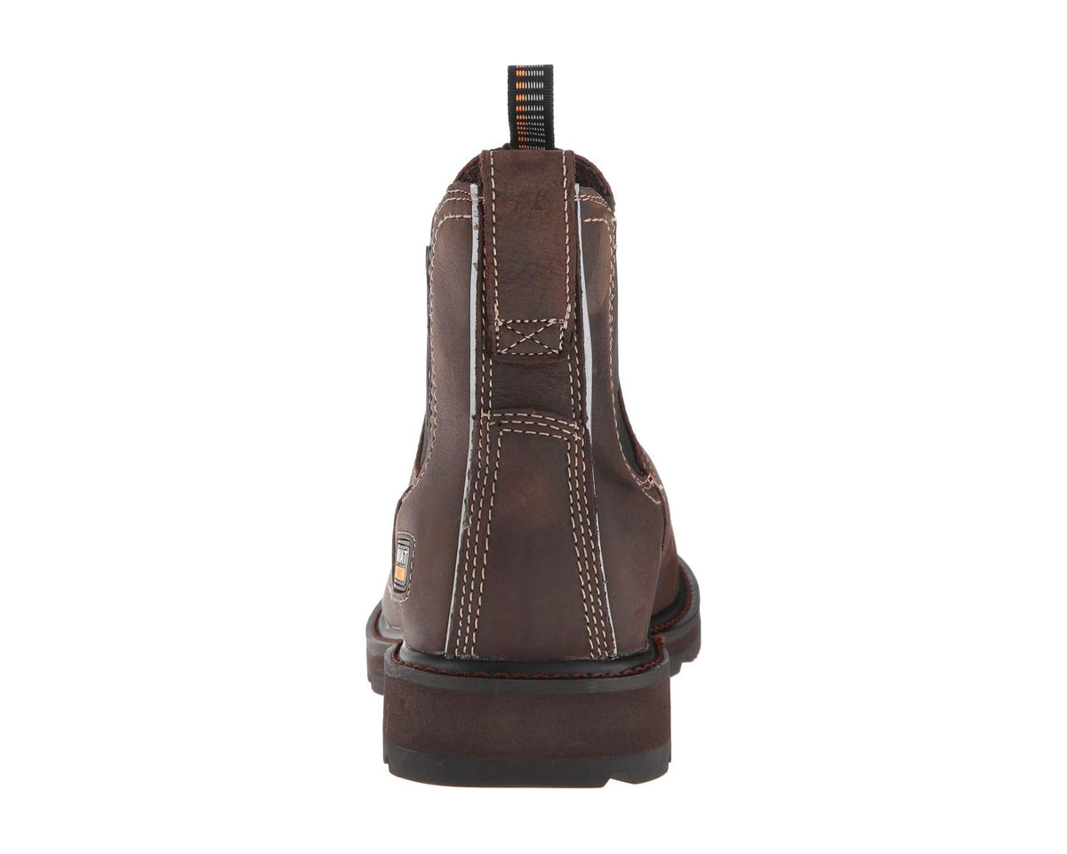 Ariat dark brown Chelsea boot heel view with back pull loop and stitched seams