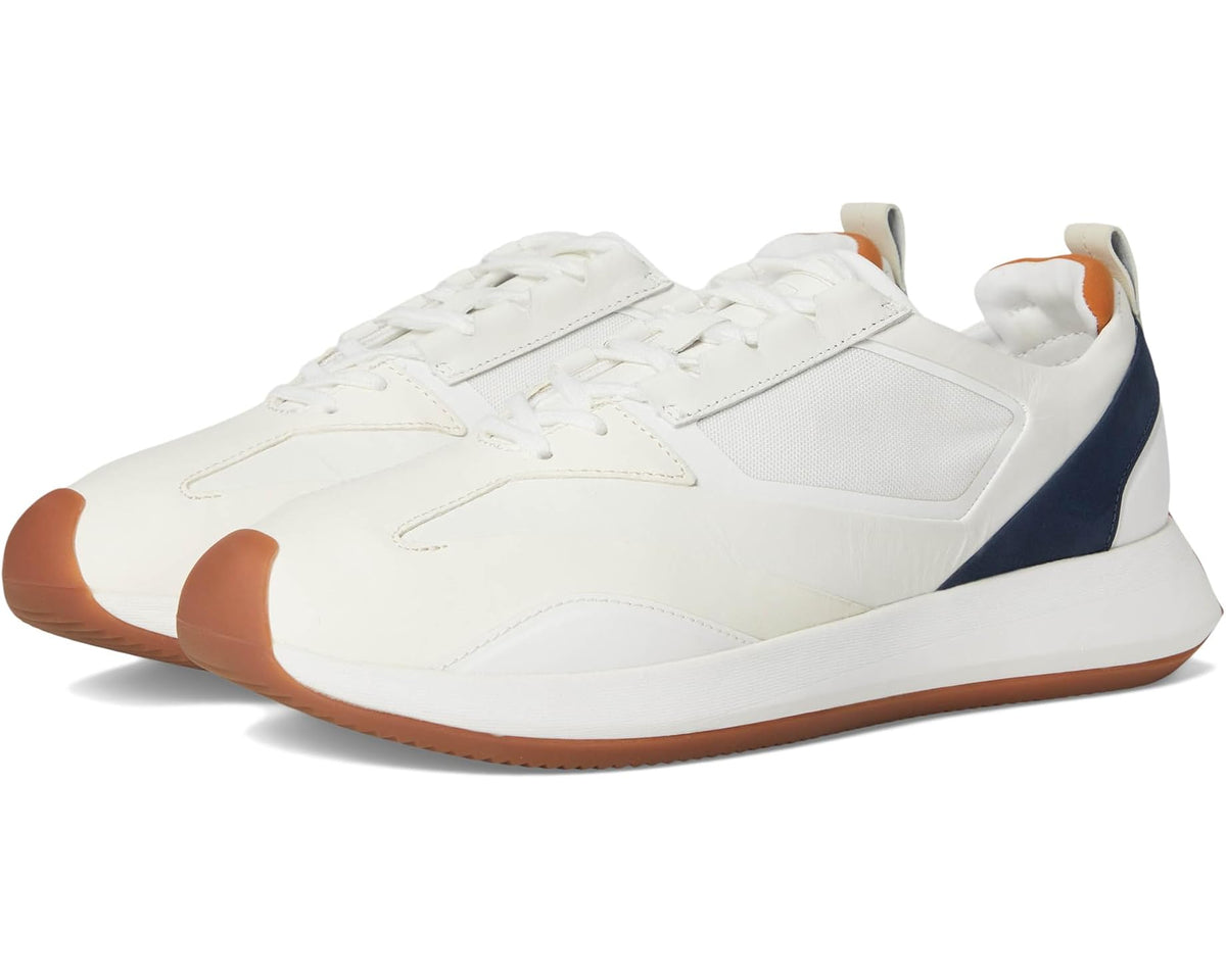 White men's marathon trainer sneakers, blue heel panel and orange outsole trim