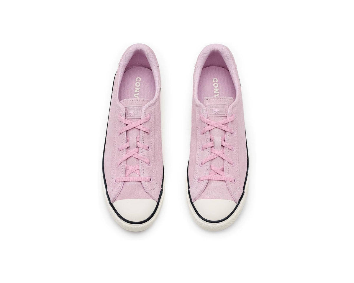 Pair of pink suede low-top sneakers, lace-up front visible from above