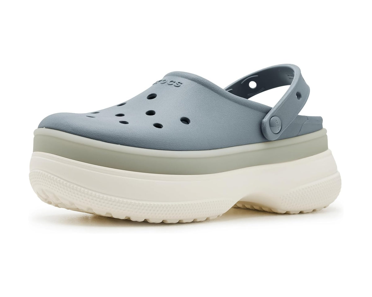 Unisex platform clog sneaker in light blue-gray with perforated upper and strap detail